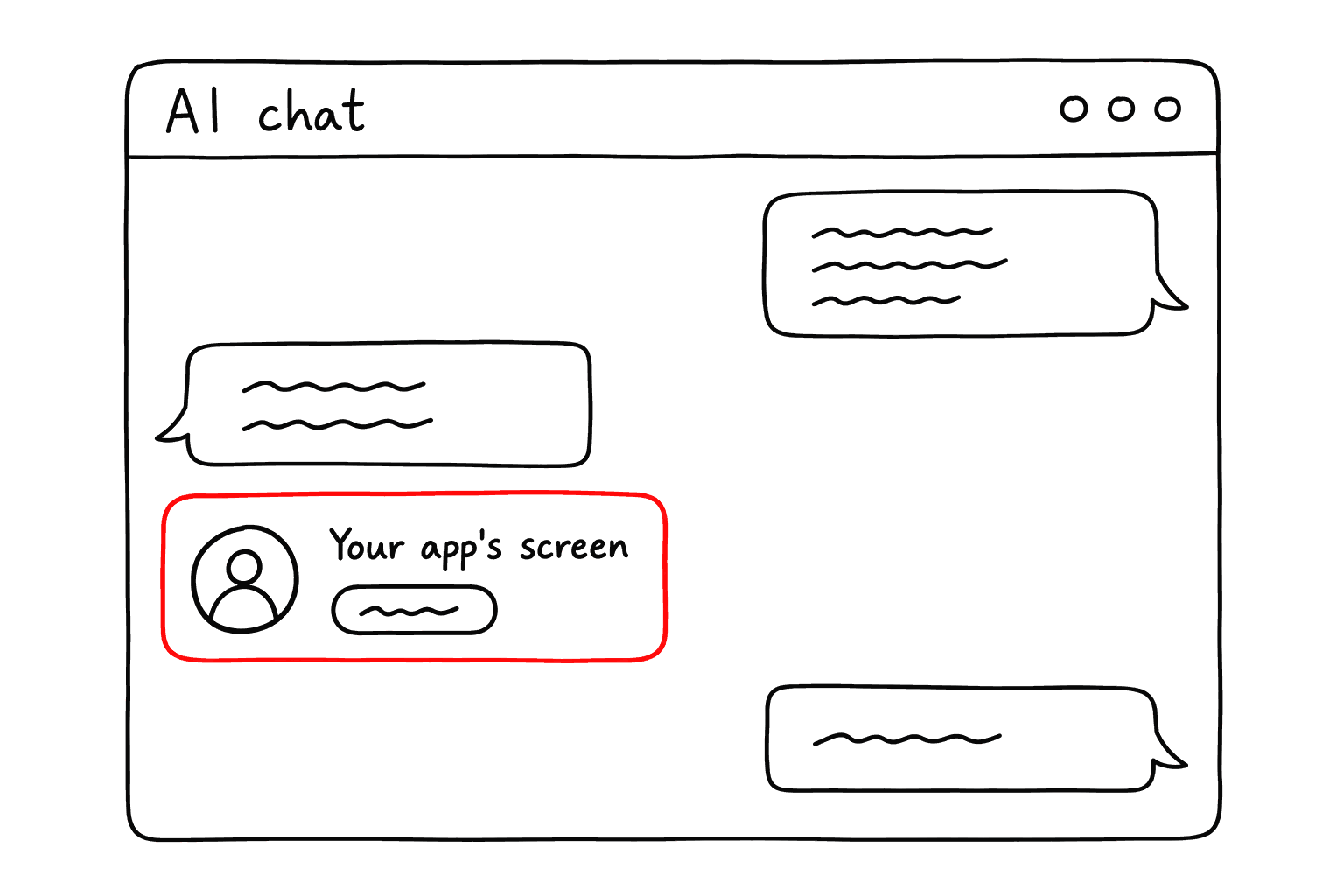 An AI chat window where, between the messages, the app's own screen appears as an interactive card.